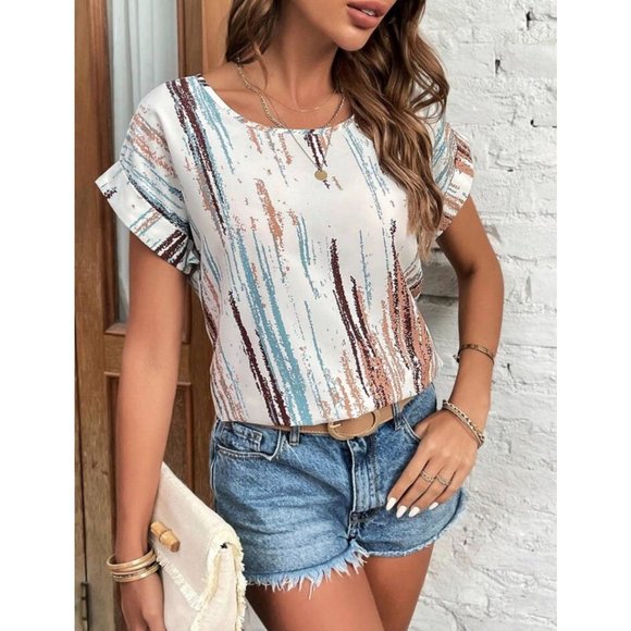 NEW Brush Print Short Sleeve Blouse S - Picture 4 of 6